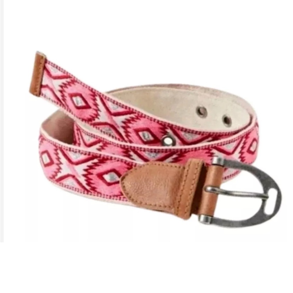 Free People Moving To Mars Cotton Leather Aztec Print Belt Pink White Size s/m